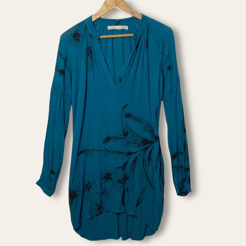 Stillwater Teal Floral Long Sleeve V Neck High Low Lightweight Tunic Dress